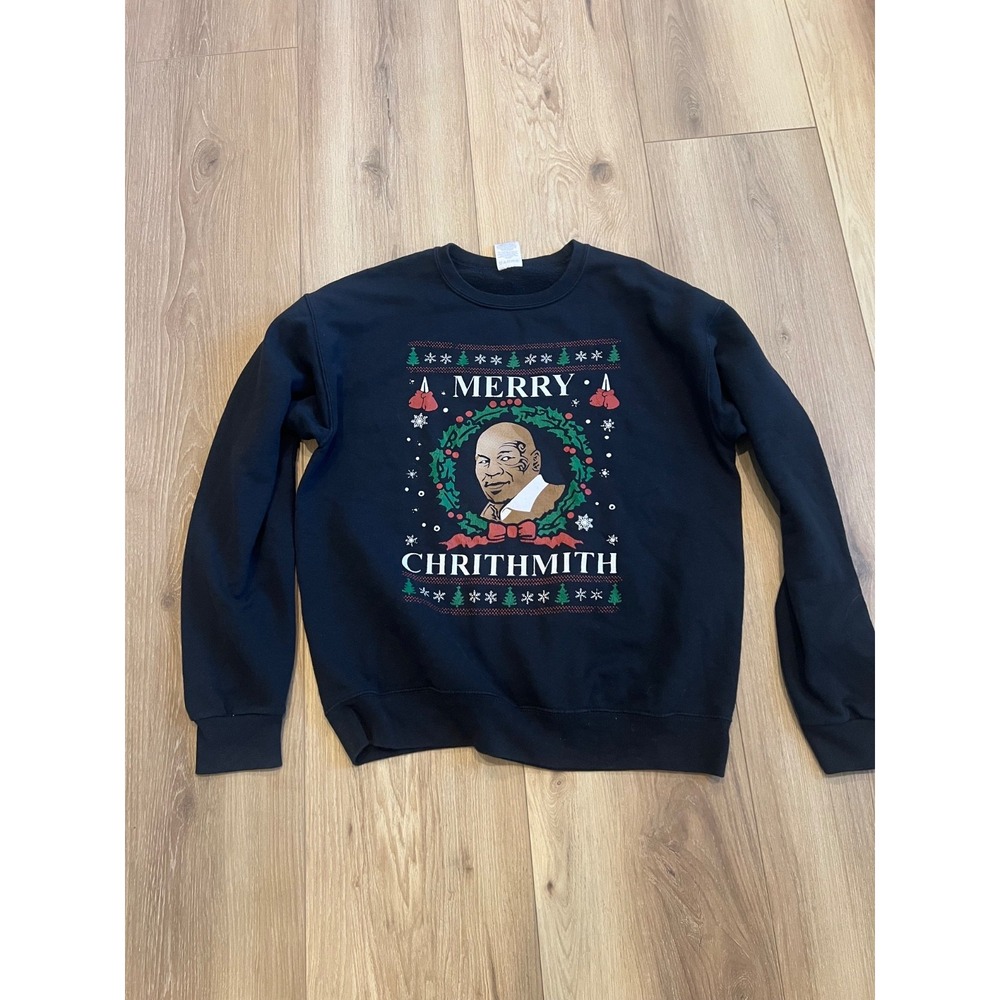 Mike Tyson Merry Chrithmith Christmas Ugly Sweater Jerzees Black Medium Funny - Picture 1 of 5